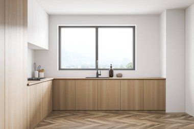 Lavabonun üzerinde penceresi olan bir köşedeki mutfak ve parke döşemeli beyaz iç mekan için basit bir dolap kapısı tasarımı. Minimalist bir kavram. 3d oluşturma