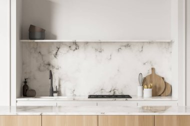 Mutfağın içinde kahvaltı barı, lavabo ve soba var. Açık raf, mermer kaplama, beyaz ve ahşap dolap kapıları. Modern ev tasarımı kavramı. 3d oluşturma