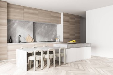 Mutfak odasının iç tarafı, yemek masası, altı sandalye, ahşap parke döşeme, elektrikli tencere. Çağdaş İskandinav minimalist tasarımı. Yemek yapmak için mükemmel bir yer. 3d oluşturma