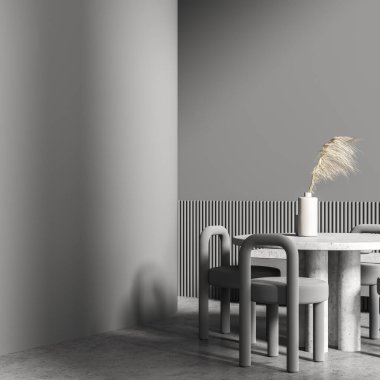 Gri oturma odasının içinde yuvarlak masa, bir çıkıntının yanında bir geçit, boş bir duvar bölmesi ve beton döşeme. Köşe manzarası. Uzayı kopyala Minimalist bir kavram. 3d oluşturma