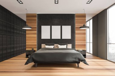 Şık yatak odasının iç kısmında, ahşap kenar detaylarıyla siyah mermer duvar bölmesi olan üç poster, iki komodinli bir yatak, kolye lambaları, panoramik bir pencere ve parke. 3d oluşturma