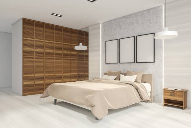 Yatak odasının iç kısmının köşesinde gri bir duvarda üç poster, bir yatak, uygun bir komodinli parlak ahşap duvar panelleri, iki kolye lambası ve birkaç pasaj var. Parke. 3d oluşturma