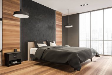 Panoramik yatak odasının iç tarafında siyah taş ve ahşap malzemeler, parke, komodinli bir yatak ve iki kolye lambası var. Modern otel tasarımı kavramı. 3d oluşturma