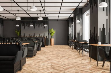 Dekoratif duvar panelleri, beyaz lambalar, kanepeler, koltuklar ve parke zeminli bir çerçeve içeren gri ve siyah kafe. Modern restoran tasarımı kavramı. 3d oluşturma