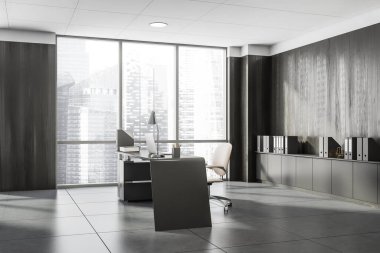 Karanlık ofis içi, panoramik pencereli, şehir gökdeleni, dizüstü bilgisayarı, koltuğu, ahşap duvarı, klasörlü rafı ve beton zemini olan bir köşe. Çalışma süreci için mükemmel bir yer. 3d oluşturma