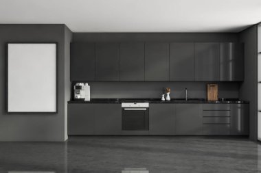 Yeni modern gri mutfak dolabının yanındaki boş poster. Basit tasarım, daha koyu atölye ve beton döşeme. Modern daire kavramı. 3d oluşturma