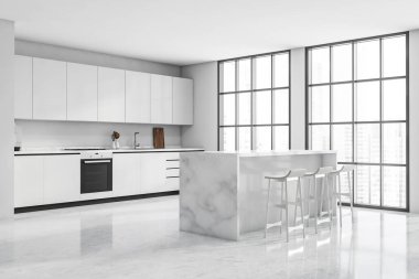 Kahvaltı çubuğu, üç tabure, panoramik pencere, siyah detaylar ve beton döşeme olan basit beyaz mutfak manzarası. Modern apartman tasarımı kavramı. 3d oluşturma