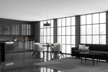 Mutfağı olan panoramik gri yaşam alanının köşesi, yemek bölgesinde beyaz koltuklar ve beton zemini olan oturma alanı. Modern apartman iç tasarımı kavramı. 3d oluşturma