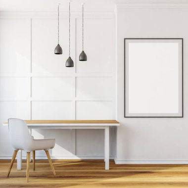 Oturma odası içi beyaz boş poster, rahat sandalye, masa, lambalar ve meşe ağacından zemin. İskandinav minimalist tasarımı kavramı. Model yap. 3d oluşturma