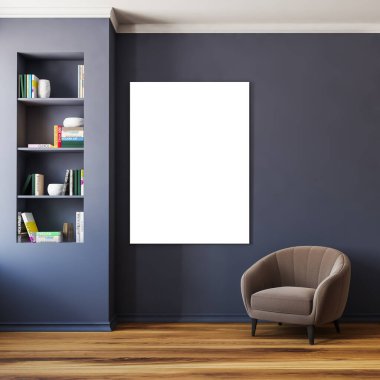 Oturma odasının içinde mavi duvarında beyaz boş bir poster, rahat bir koltuk, kitaplık ve meşe ağacından zemin. Minimalist tasarım kavramı. Model yap. 3d oluşturma