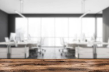 Bulanık ofis odası içi sunum ve reklam için iyi bir ekran, panoramik pencere, masaüstü, koltuk, masa ve beton zemin. 3d oluşturma