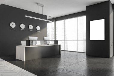 Resepsiyonlu karanlık ofis, beyaz boş poster, Singapur şehrinin gökdelen manzaralı panoramik pencere, bilgisayarlar, koltuk, siyah duvar, beton ve ahşap parke zemin. Model yap. 3d oluşturma