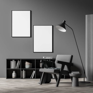 İki beyaz posteri, rahat koltuğu, sehpası, kitaplığı, ahşap bölmesi ve parke zemini olan karanlık bir oturma odası. Minimalist tasarım kavramı. Model yap. 3d oluşturma