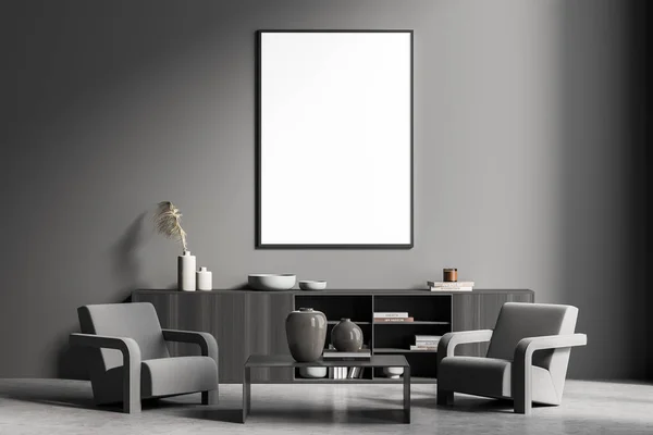 Attrappe Grauen Wartezimmer Sideboard Couchtisch Und Zwei Sessel Schaffen Ein — Stockfoto