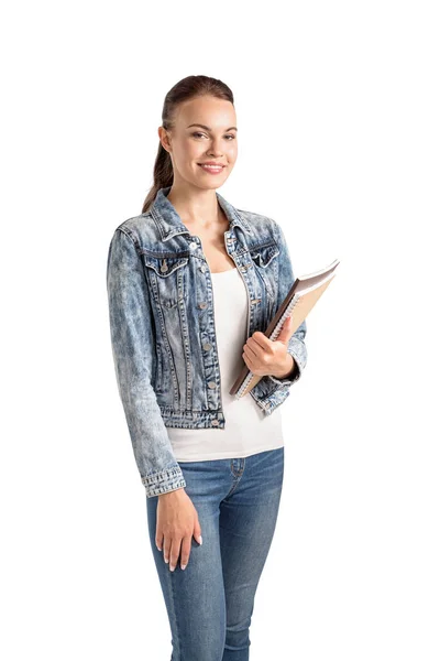 Joven Mujer Negocios Atractiva Con Chaqueta Jean Jeans Está Pie —  Fotos de Stock