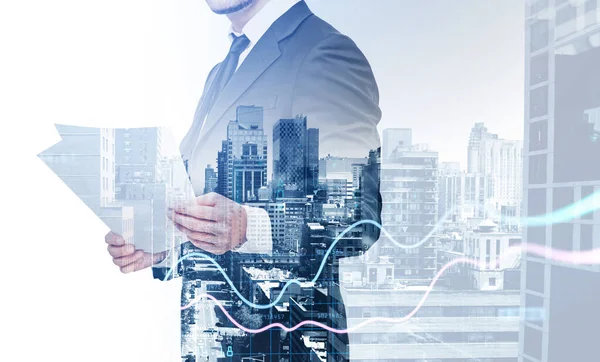 Young Businessman Wearing Formal Suit Standing Reading Paper City Skyscraper — Stock Photo, Image