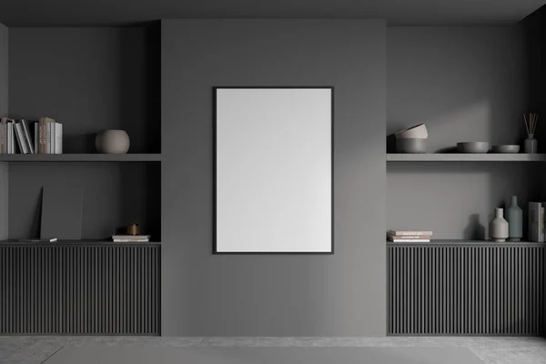 客厅室内设计深色灰色墙壁中央的空白白色海报 有两个对称壁龛的木制基座和两个架子 最低纲领的概念 把它弄坏了3D渲染 — 图库照片