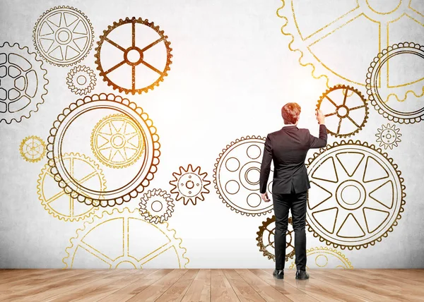 Businessman Wearing Formal Suit Standing Touching Wall Sketch Cogwheels Oak — Stock Photo, Image