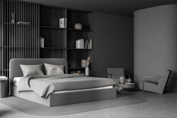침대가 어두운 내부에는 테이블 콘크리트 조류의 냉기와 휴식을 미니멀리즘적 디자인 — 스톡 사진