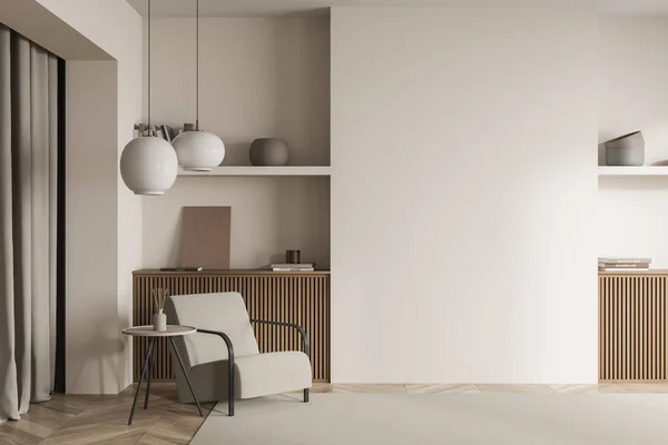 Interior Sala Estar Beige Con Nichos Simétricos Con Repisas Sótano — Foto de Stock