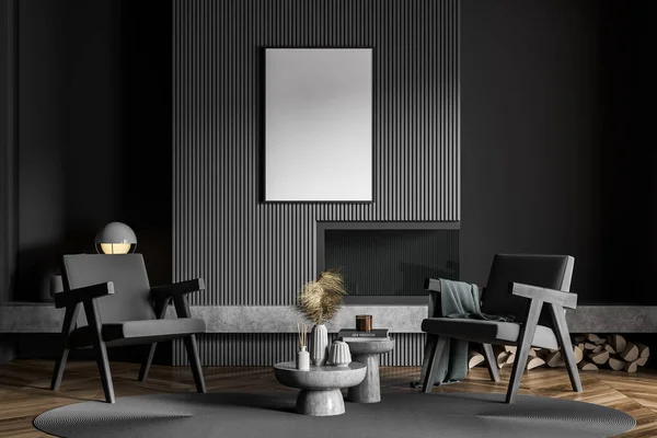 深色灰色客厅 壁炉上方贴有海报 两张扶手椅 咖啡桌组合 椭圆形地毯和软垫地板 现代室内设计的概念 把它弄坏了3D渲染 — 图库照片