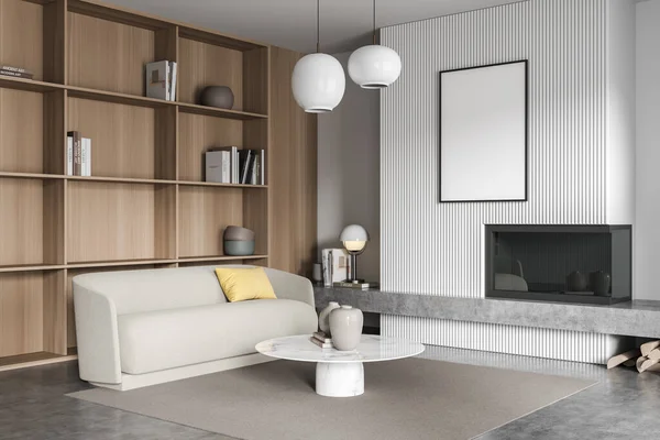 客厅里的白色海报 配有米黄色沙发 咖啡桌 灰色混凝土地板 木制书柜和有架子的壁炉 现代室内设计的概念 把它弄坏了3D渲染 — 图库照片
