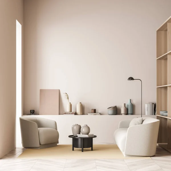 Jasnoróżowy Beżowy Salon Sofą Schludny Minimalistyczny Design Pusta Ściana Półką — Zdjęcie stockowe