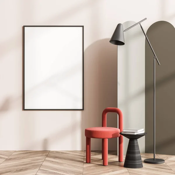 Lege Witte Poster Lichtbeige Woonkamer Met Vouwscherm Vloerlamp Een Rode — Stockfoto