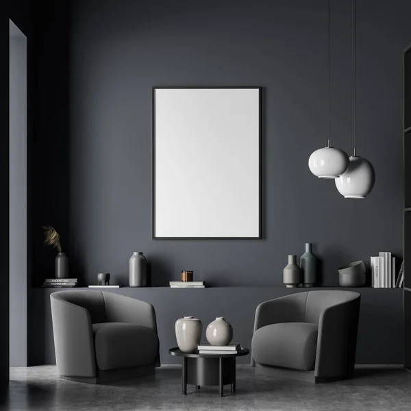 A poster, two pendant lamps and two armchairs with a coffee table in a dark blue living room interior with grey concrete flooring. A concept of modern house design. Mockup. 3d rendering.