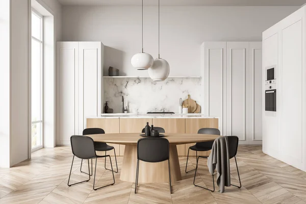 Intérieur Cuisine Avec Design Armoire Blanc Inhabituel Ayant Une Partie — Photo