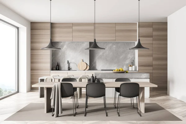 Kücheneinrichtung Mit Esstisch Zwölf Stühlen Holzparkettboden Elektroherd Und Panoramafenster Mit — Stockfoto