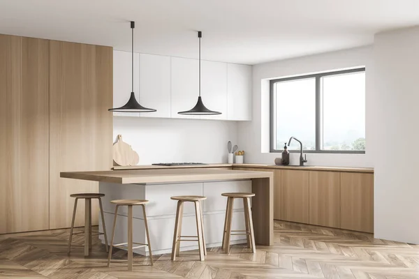 木製の床や家具 白のインテリアの詳細と壁 2つの黒いペンダントライトとシンクウィンドウとキッチンスペース モダンな家のデザインのコンセプト 3Dレンダリング — ストック写真