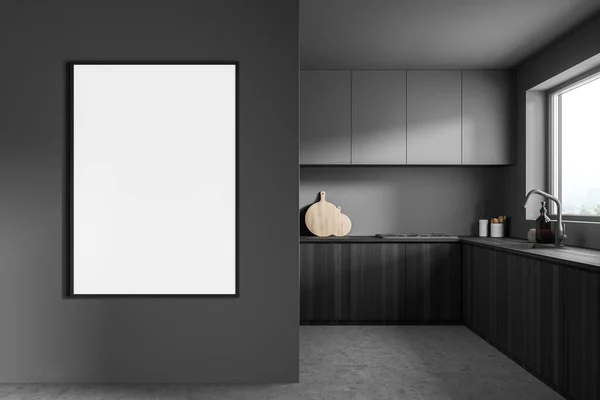 Poster Wall Partition Dark Grey Corner Kitchen Interior Wood Materials — Stock Photo, Image