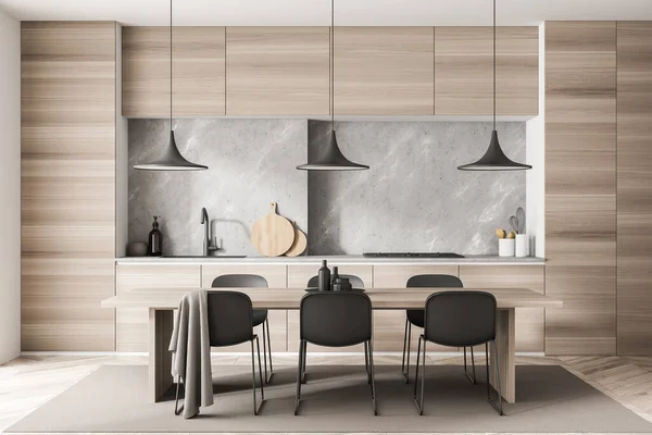 厨房内部有六张椅子 电饭锅 木地板和陶器 当代斯堪的纳维亚简约主义设计 创意的空白空间 3D渲染 — 图库照片