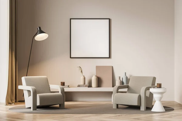 Square poster with two armchairs, a coffee table, a floor lamp, an oval rug and an indoor bench on the parquet next to the beige wall. Mockup. A concept of modern living room design. 3d rendering