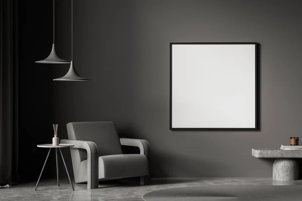 Dunkelgraues Wohnzimmer Mit Quadratischem Poster Zwei Pendelleuchten Und Einem Sessel — Stockfoto