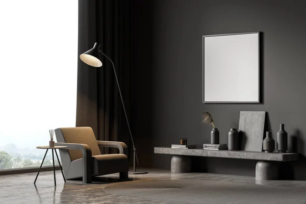 Corner of the panoramic dark grey living room with a square poster, a floor lamp, one seat and an oval rug next to a bench. Concrete floor. Mockup. A concept of modern house design. 3d rendering