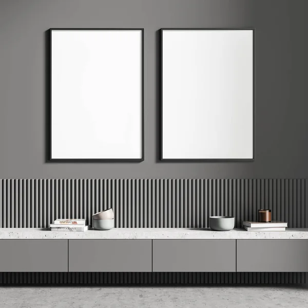 Dos Lienzos Blancos Enmarcados Vacíos Interior Sala Estar Gris Con — Foto de Stock
