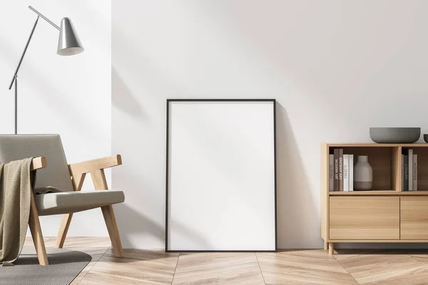 Wohnzimmereinrichtung Mit Weißem Leeren Poster Bequemem Sessel Büchern Bücherregal Sideboard — Stockfoto