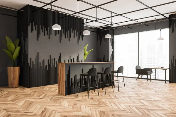 Dekoratif Panelleri Olan Panoramik Gri Siyah Kafenin Köşesi Tabure Lamba — Stok fotoğraf