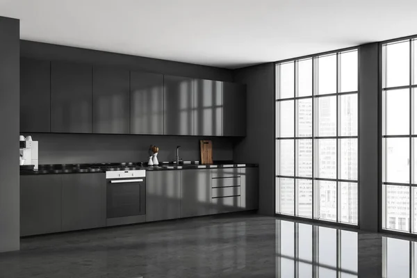 光沢のあるシンプルなキャビネットと家具のないゾーンとパノラマグレーのキッチンルームのコーナー 現代的なアパートデザインのコンセプト コンクリートの床 3Dレンダリング — ストック写真