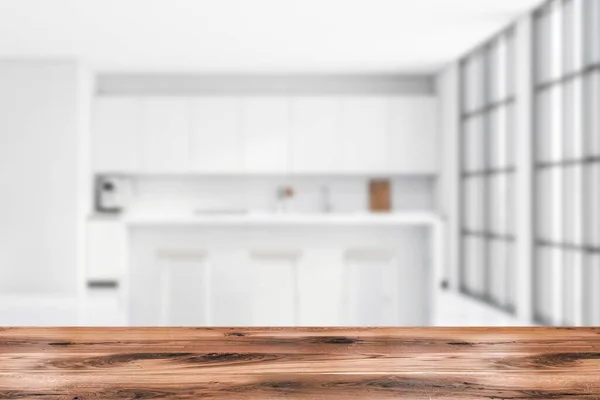 产品展示的空桌子 背景模糊 有时尚的全景白色厨房和早餐吧 现代室内设计的概念 3D渲染 — 图库照片