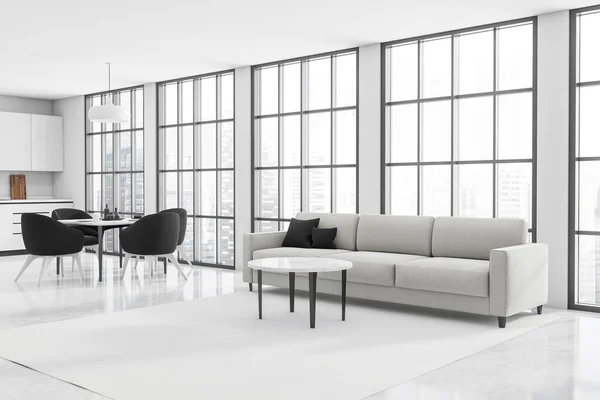 インテリアデザインのパノラマの窓と現代の生活空間のコーナー シーティングエリアを使用して 黒の詳細とダイニングテーブルとキッチン コンクリートの床だ 3Dレンダリング — ストック写真