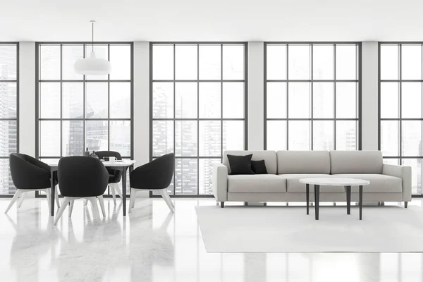 パノラマの窓 シーティングエリア ダイニングテーブル 黒の詳細とコンクリートの床とリビングスペース 現代的なアパートのインテリアデザインのコンセプト 3Dレンダリング — ストック写真