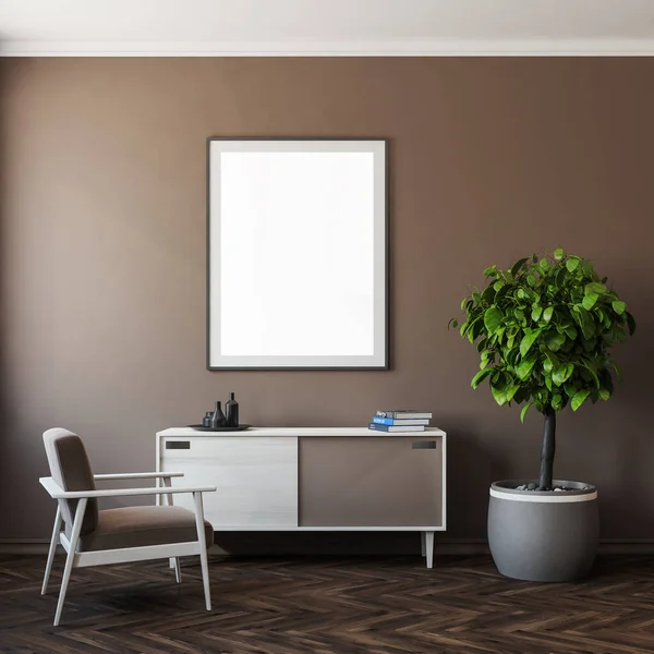 Dunkles Wohnzimmer Mit Weißem Leeren Poster Bequemem Sessel Büchern Sideboard — Stockfoto