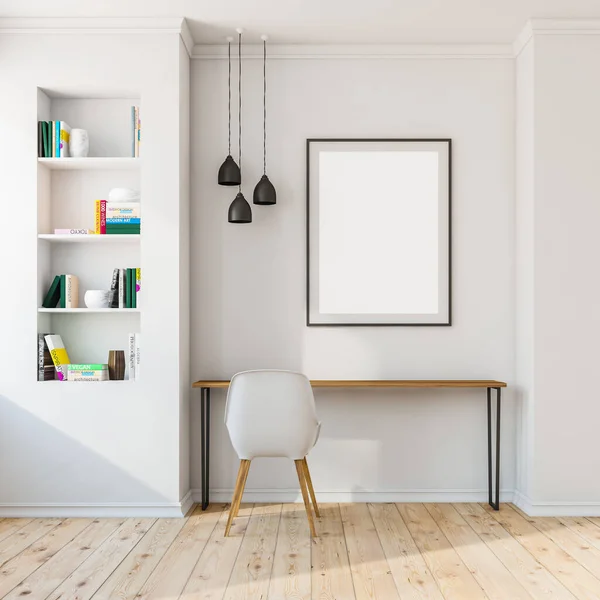 Σαλόνι Εσωτερικό Λευκό Άδειο Αφίσα Άνετη Καρέκλα Τραπέζι Βιβλία Βιβλιοθήκη — Φωτογραφία Αρχείου