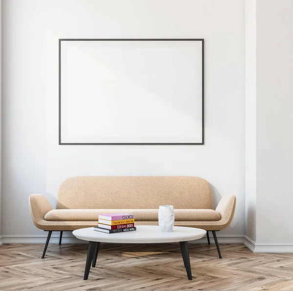 Ruang Tunggu Interior Dengan Poster Kosong Putih Dinding Sofa Nyaman — Stok Foto