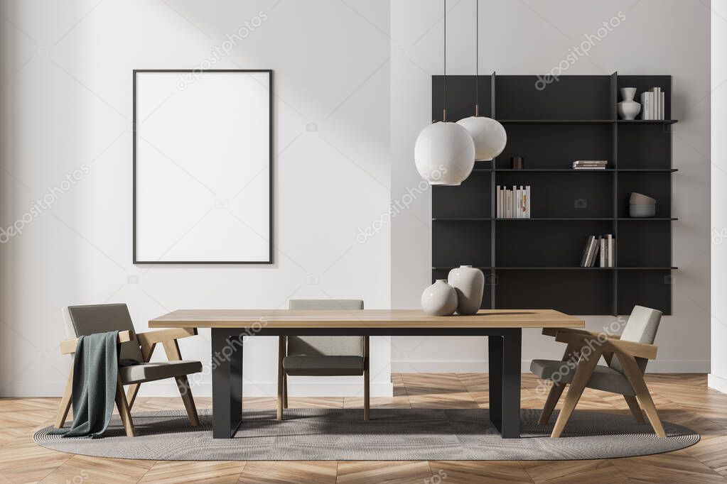 Living room interior with white empty poster, three armchairs, table and wooden parquet floor. Concept of minimalist scandinavian design. Comfortable place for meeting. Mock up. 3d rendering