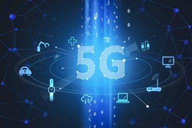 5G internet, araba, asma kilit, saat, bulut veri depolama, laptop, masaüstü, wi-fi ve lte ikonları ile dijital arayüz. Hızlı iletişim için gelecek teknolojileri kavramı. 3d oluşturma