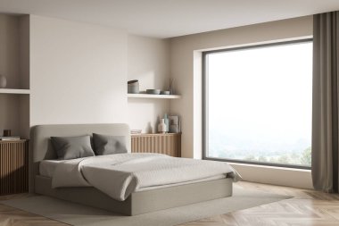 Rafları olan iki simetrik alan, daha hafif battaniyeli bir yatak odası, gri yastıklar ve perdeli bir halı. Parke. Modern ev tasarımı kavramı. Köşe manzarası. 3d oluşturma